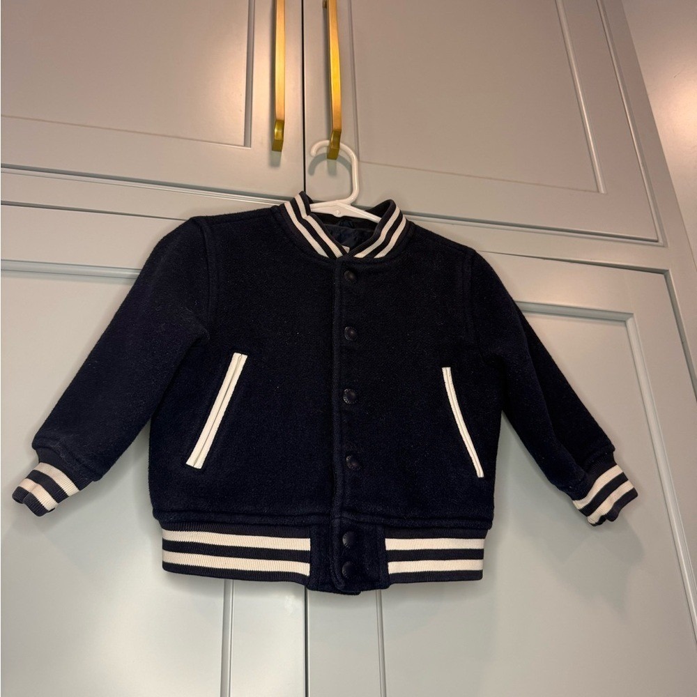 GAP Kids Navy Varsity Jacket with White Stripes 12-18 athleisure athlete woas